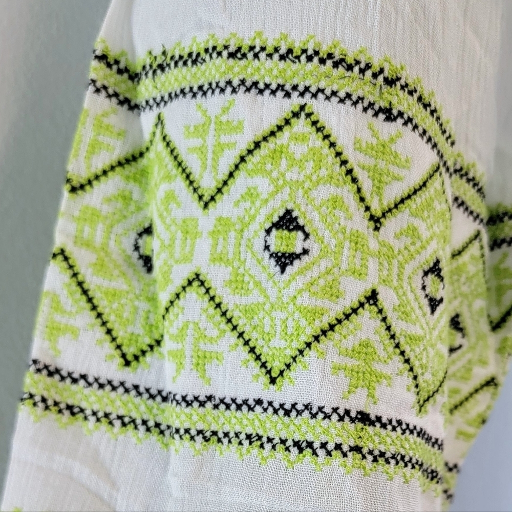 L NWT Chealsea & Theodore Tassel Embroidered Tribal Boho Shift Dress Cotton Midi - Picture 3 of 6